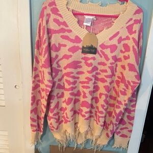 Main Strip Vibrant Pink and Cream V-Neck Sweater